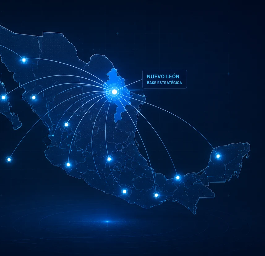 Mapa de México con Nuevo León como base estratégica y cobertura nacional
